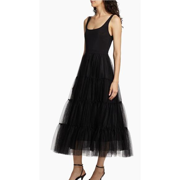 Alice + Olivia Women's 12 Chara Tiered Tulle Midi Dress Black Sleeveless Party - Picture 2 of 15
